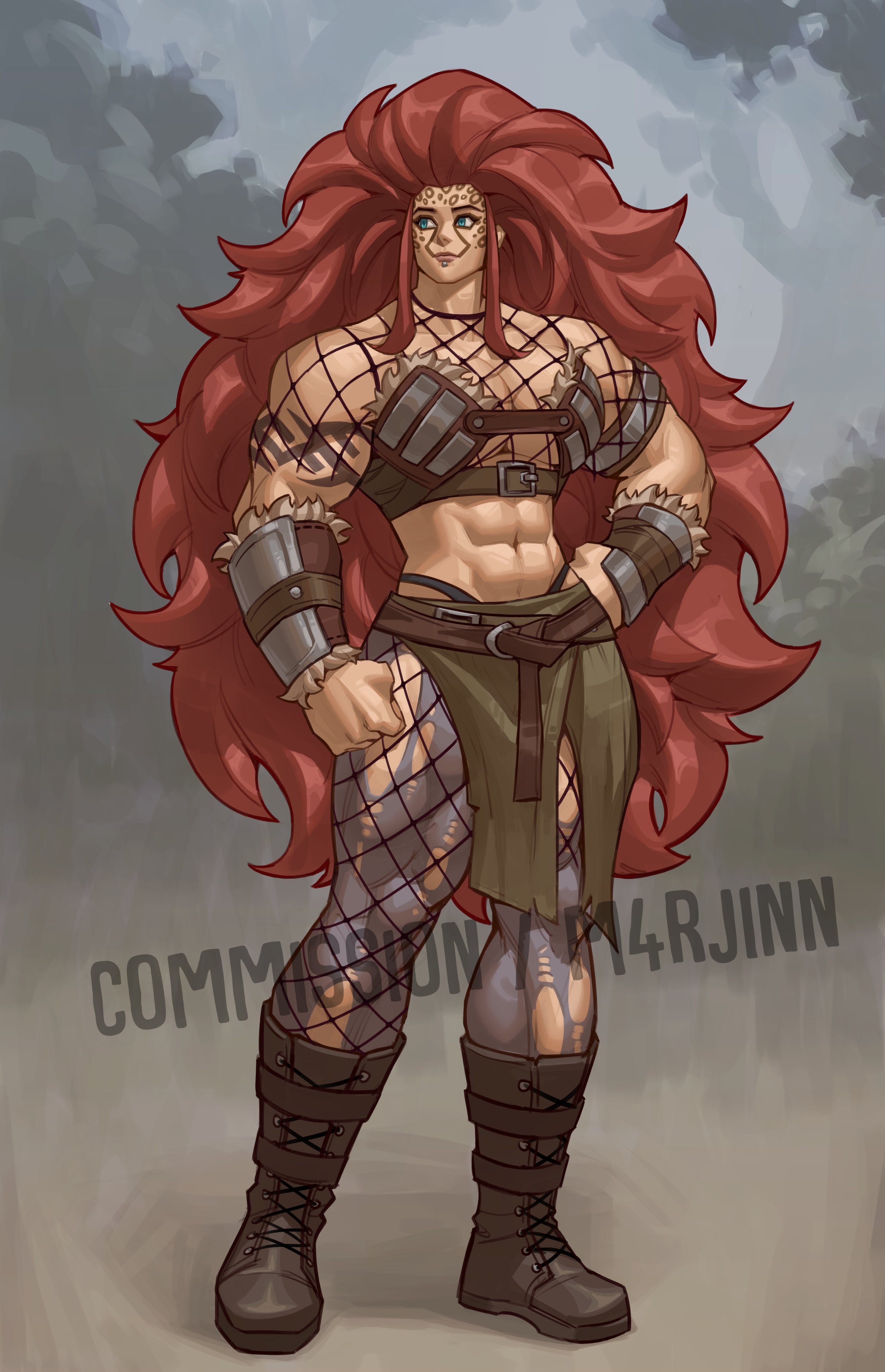 m4rjinn, original, absurdres, commentary, commission, english commentary, highres, 1girl, abs, armor, artist name, belt, blue eyes, boots, braces, breastplate, breasts, brown background, brown belt, cleavage, clenched hands, closed mouth, eyelashes, face piercing, facial tattoo, fishnet pantyhose, fishnets, full body, grey boots, grey pantyhose, hand on own hip, large breasts, lip piercing, lips, long hair, looking to the side, midriff, muscular, muscular female, navel, nose, pantyhose, pelvic curtain, piercing, red hair, shoulder tattoo, sidelocks, solo, standing, tattoo, thick thighs, thighs, very long hair