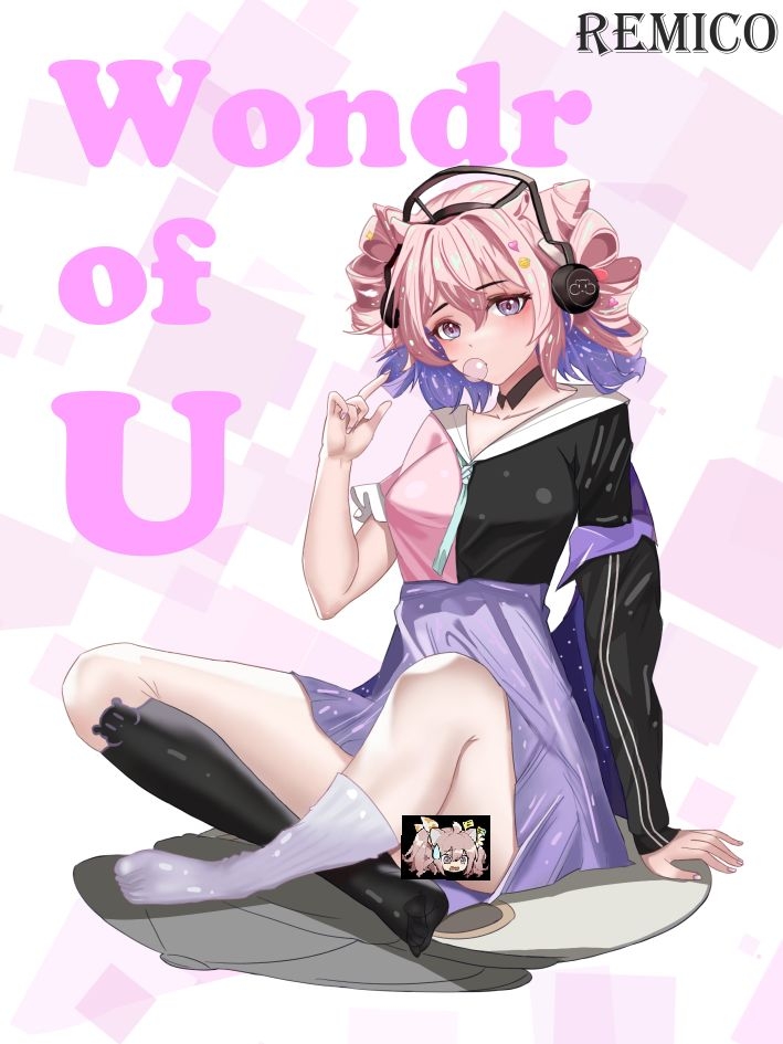 u-official (arknights), arknights, chinese commentary, commentary request, 1girl, artist name, asymmetrical legwear, asymmetrical sleeves, black shirt, black socks, blowing bubble gum, bolo tie, censored, chewing gum, colored inner hair, english text, fingernails, full body, grey socks, hair between eyes, headphones, high-waist skirt, indian style, kneehighs, long sleeves, looking at viewer, mismatched legwear, mismatched sleeves, multicolored hair, no shoes, pink hair, pink shirt, purple eyes, purple hair, purple skirt, remico. (xinjinjumin0869167), sailor collar, shirt, short hair, short sleeves, sitting, skirt, socks, solo, typo, uneven sleeves, white sailor collar