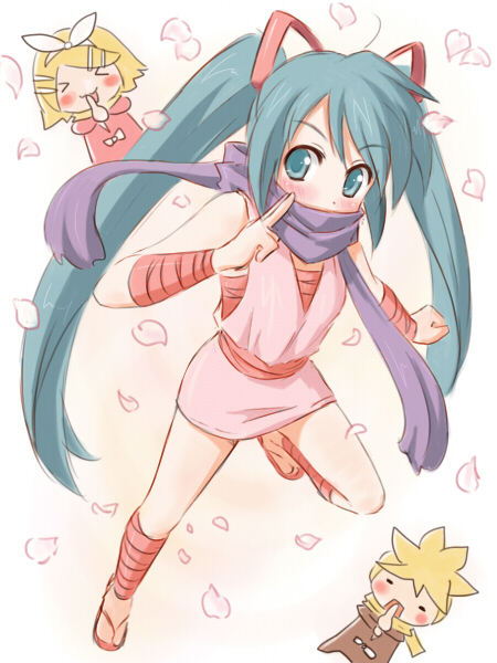 satogo, hatsune miku, kagamine len, kagamine rin, haru! sakura! ninja! (vocaloid), vocaloid, bad id, bad pixiv id, 1boy, 2girls, aqua eyes, aqua hair, cherry blossoms, long hair, multiple girls, ninja, sandals, scarf, twintails