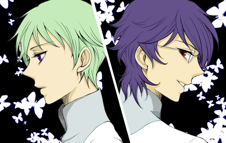memessa, regene regetta, ribbons almark, gundam, gundam 00, bad id, bad pixiv id, 00s, 2boys, glasses, green hair, innovators, innovators (gundam 00), multiple boys, purple eyes, purple hair, red eyes