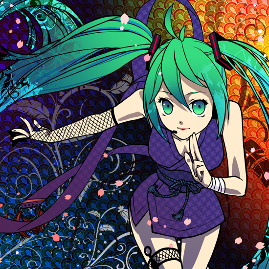 kusuri, siruphial, hatsune miku, vocaloid, bad id, bad pixiv id, 1girl, bridal gauntlets, female focus, green eyes, green hair, headset, matching hair/eyes, ninja, solo, thigh strap, twintails