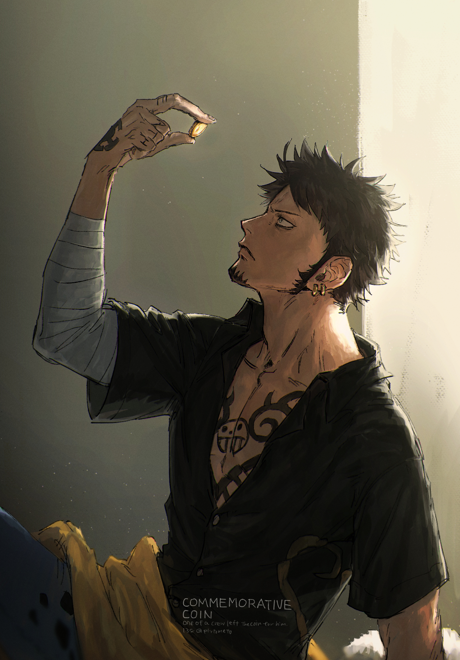 plytometo, trafalgar law, one piece, commentary request, highres, 1boy, adam's apple, black hair, black shirt, chest tattoo, closed mouth, coin, collarbone, facial hair, goatee, hand tattoo, holding, holding coin, long sideburns, male focus, pectoral cleavage, pectorals, shirt, short hair, sideburns, solo, tattoo, upper body