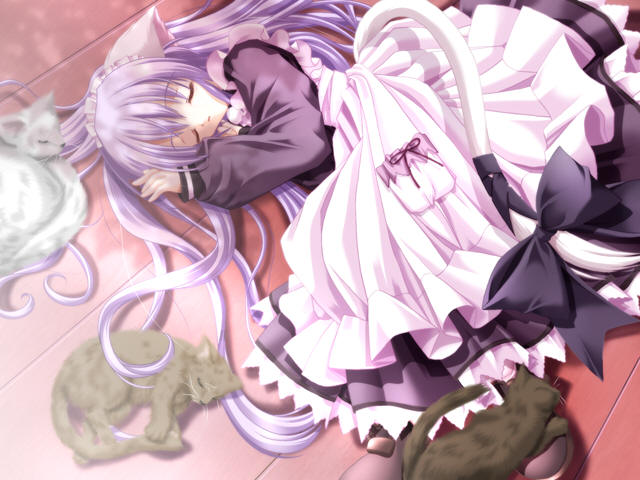 tinker bell (pixiv 10956015), mina (cafe little wish), cafe little wish, game cg, 1girl, animal ears, cat, cat ears, cat tail, closed eyes, dress, female focus, long hair, lying, maid, on side, purple hair, sleeping, solo, tail, very long hair