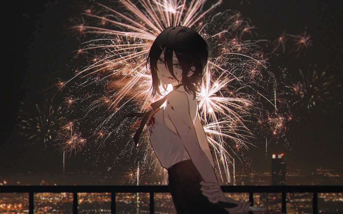kuroduki, reze (chainsaw man), chainsaw man, 1girl, arms behind back, bare shoulders, black choker, black hair, black ribbon, black shorts, blood, blood on clothes, blood on face, blurry, blurry background, breasts, choker, city lights, collared shirt, cowboy shot, fireworks, from side, green eyes, hair between eyes, looking at viewer, medium breasts, night, outdoors, parted lips, ribbon, shirt, short hair, shorts, sleeveless, sleeveless shirt, solo, white shirt