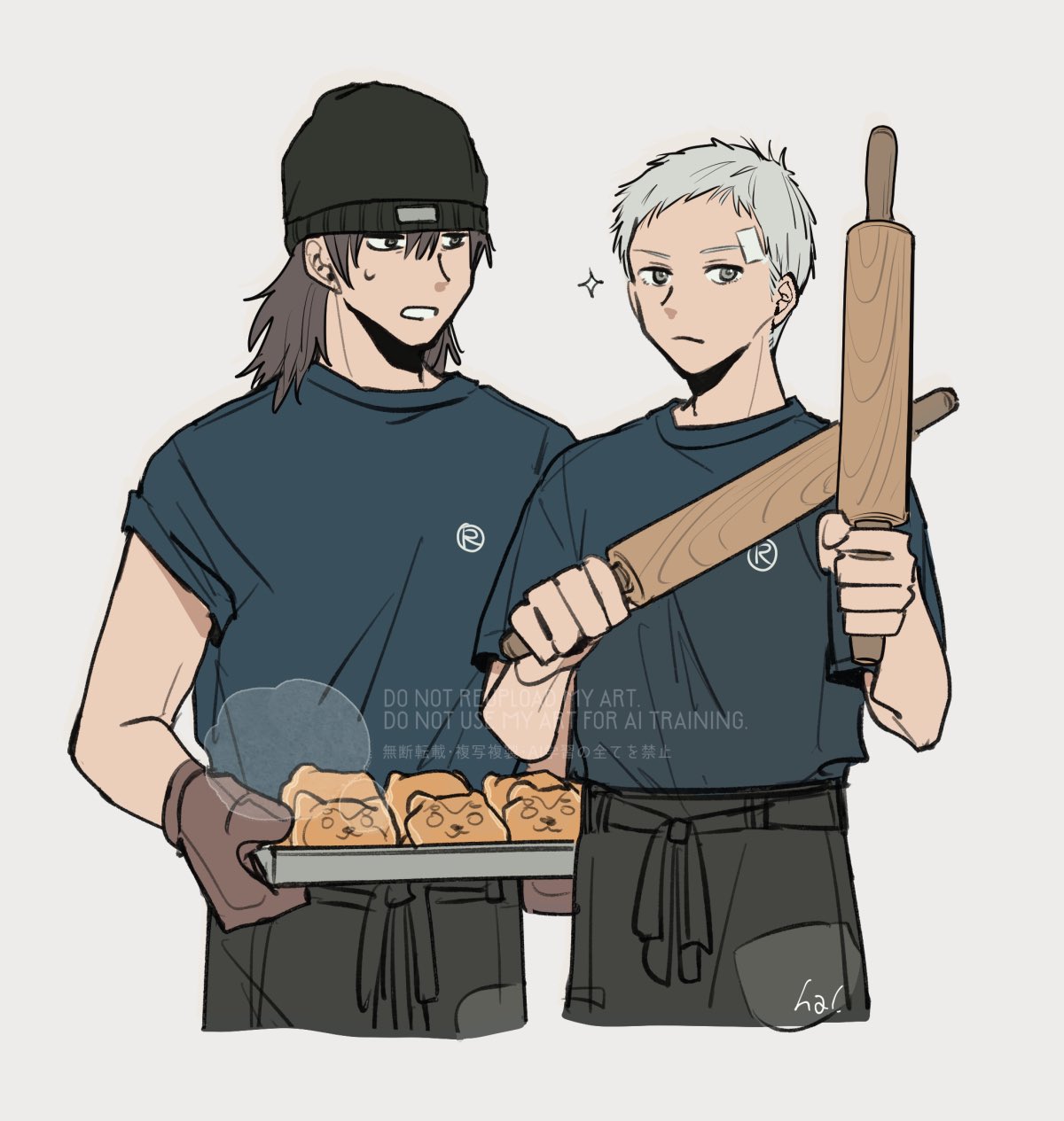 kabe hal, aragaki shinjirou, sanada akihiko, persona, persona 3, commentary request, highres, 2boys, apron, bandaid, bandaid on face, beanie, black apron, black hat, blue shirt, brown eyes, brown gloves, brown hair, closed mouth, cookie, cropped legs, food, frown, gloves, grey eyes, hair between eyes, hat, holding, holding rolling pin, holding tray, looking at another, looking to the side, male focus, medium hair, multiple boys, parted lips, rolling pin, shirt, short hair, signature, simple background, sparkle, steam, sweatdrop, t-shirt, tray, very short hair, waist apron, white background, white hair