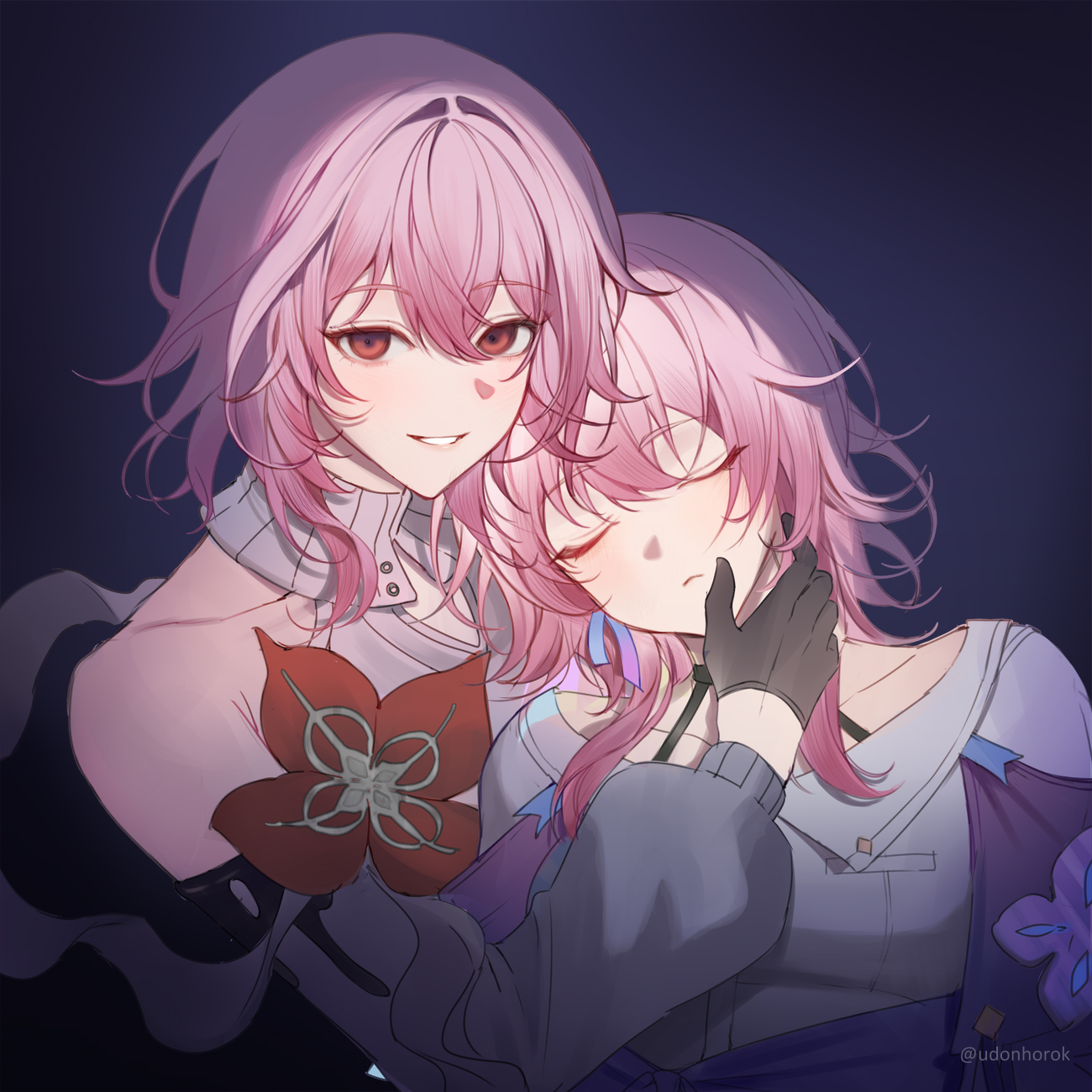 udonhorok, evernight (honkai: star rail), march 7th (honkai: star rail), march 7th (preservation) (honkai: star rail), honkai: star rail, honkai (series), commentary, highres, 2girls, choker, closed eyes, collar, dual persona, floral print, flower, gloves, grin, hair between eyes, leaning on person, medium hair, multiple girls, off shoulder, pink hair, puffy sleeves, red eyes, red flower, shirt, single bare shoulder, smile, white shirt