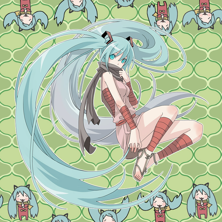 kintaro, hatsune miku, haru! sakura! ninja! (vocaloid), vocaloid, 1girl, ankle wrap, aqua eyes, aqua hair, feet, female focus, long hair, ninja, no socks, sandals, scarf, solo, twintails, very long hair