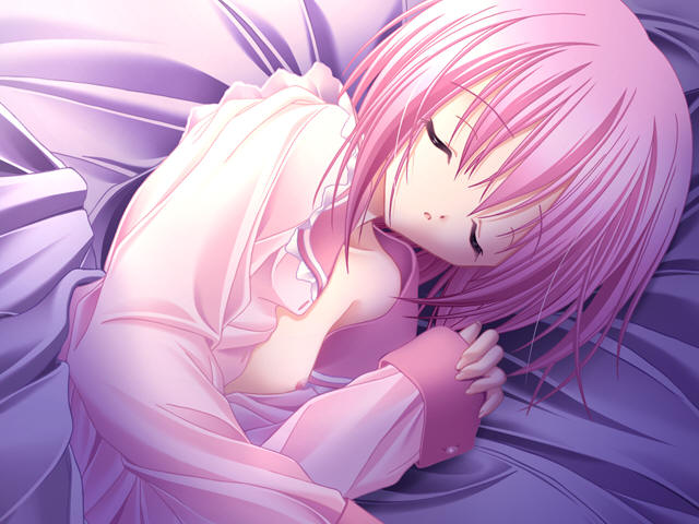 tinker bell (pixiv 10956015), lily (cafe little wish), cafe little wish, game cg, 1girl, breasts, closed eyes, female focus, flat chest, lying, no bra, on side, open clothes, open shirt, pajamas, pink hair, shirt, short hair, sleeping, solo