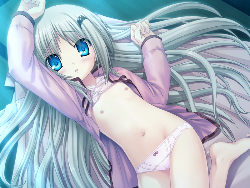 noumi kudryavka, little busters!, silver hair, artist request, 1girl, aqua eyes, bat hair ornament, blush, female focus, flat chest, hair ornament, loli, long hair, open clothes, open skirt, panties, skirt, solo, underwear, very long hair