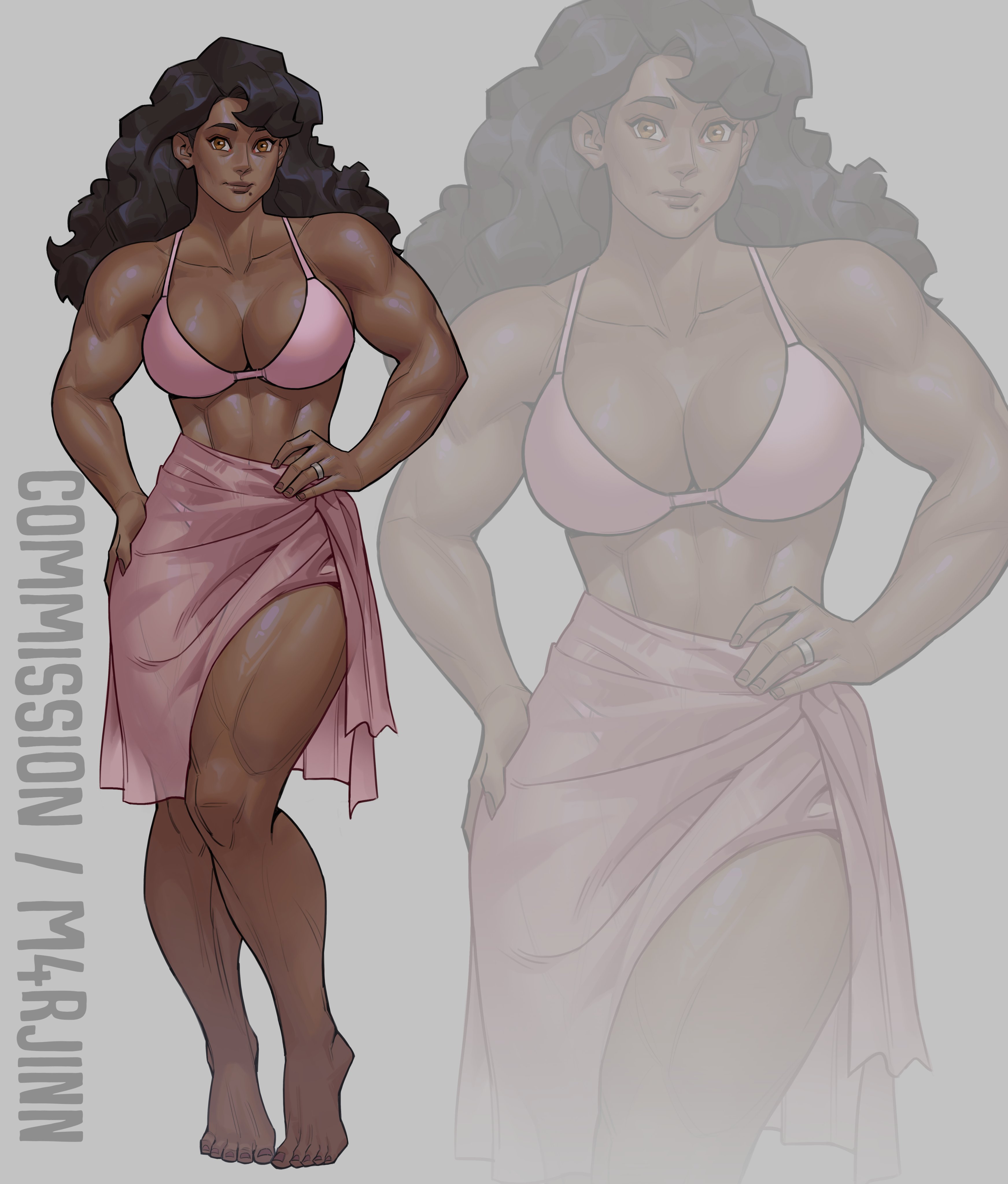 m4rjinn, original, absurdres, commentary, commission, english commentary, highres, 1girl, abs, artist name, barefoot, bikini, black hair, breasts, brown eyes, cleavage, closed mouth, collarbone, dark-skinned female, dark skin, fingernails, full body, grey background, hands on own hips, jewelry, large breasts, lips, long hair, looking at viewer, midriff, mole, mole under mouth, muscular, muscular female, nose, pink bikini, ring, simple background, standing, swimsuit, thick thighs, thighs, toenails, toes, wedding ring, zoom layer