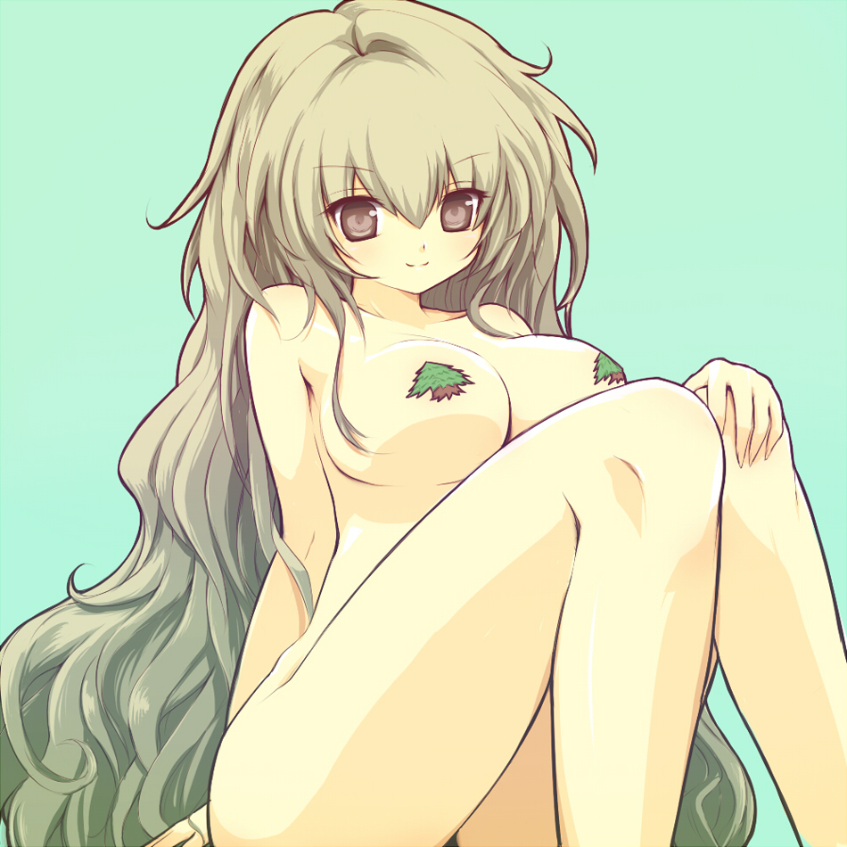 takunama, original, 1girl, breasts, brown eyes, brown hair, female focus, large breasts, long hair, nude, pasties, pine tree, sitting, solo, tree, very long hair