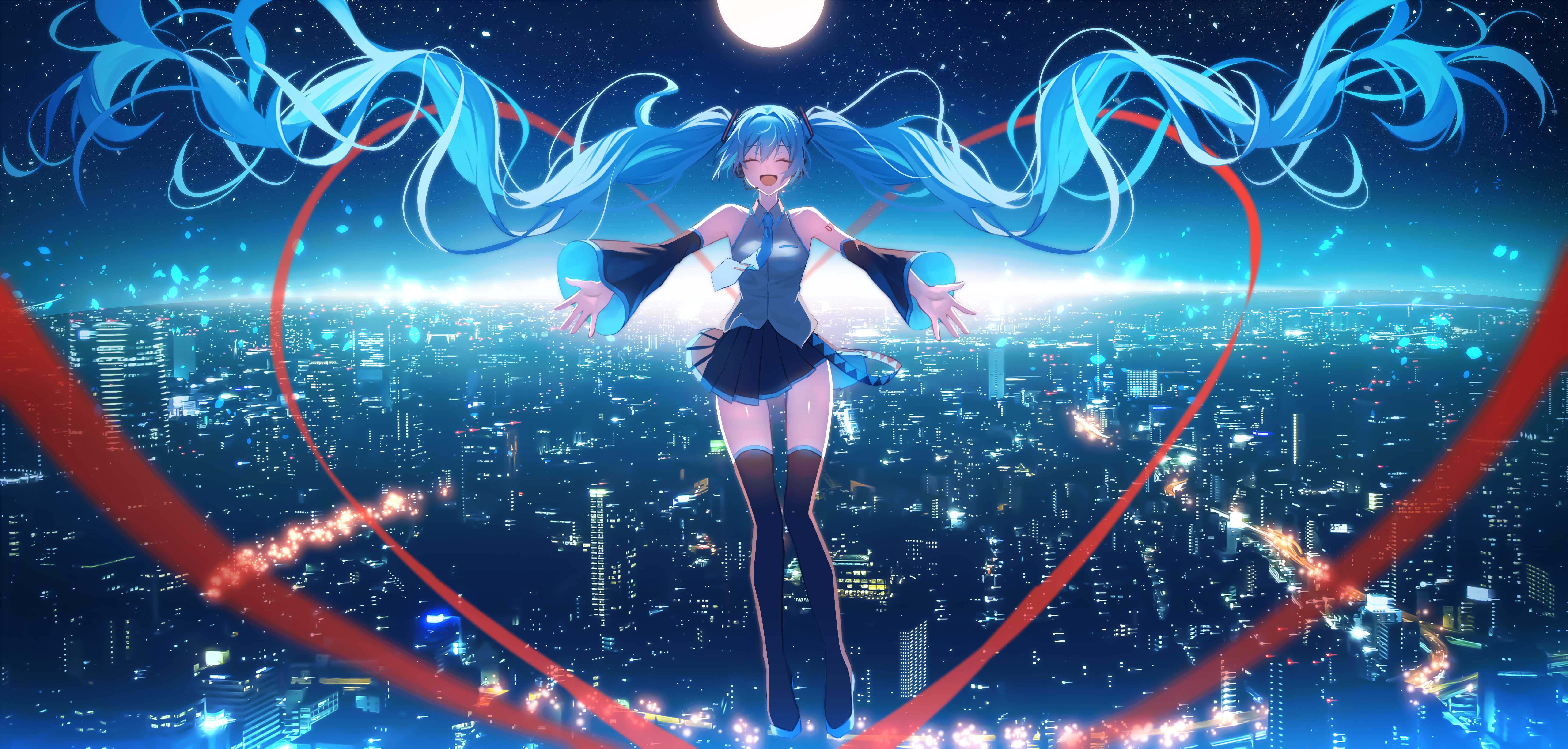 inosia, hatsune miku, vocaloid, absurdres, highres, 1girl, absurdly long hair, aqua eyes, aqua hair, aqua necktie, aqua trim, arm tattoo, black skirt, boots, breasts, building, closed eyes, collared shirt, detached sleeves, grey shirt, hair between eyes, hair ornament, long hair, long sleeves, medium breasts, miniskirt, moon, necktie, night, night sky, number tattoo, open mouth, pleated skirt, scenery, shirt, skirt, sky, smile, solo, tattoo, thick thighs, thigh boots, thighhighs, thighs, twintails, very long hair, wide sleeves, zettai ryouiki