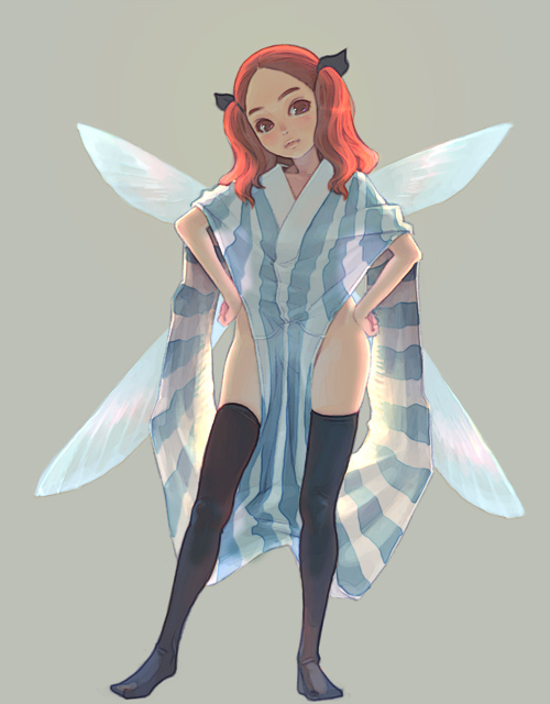 weno, original, 1girl, boxers, elbow gloves, fairy, fairy wings, female focus, gloves, hands on own hips, insect wings, long hair, male underwear, mini person, minigirl, pegs, red eyes, red hair, simple background, solo, striped clothes, striped thighhighs, thighhighs, twintails, underwear, wings
