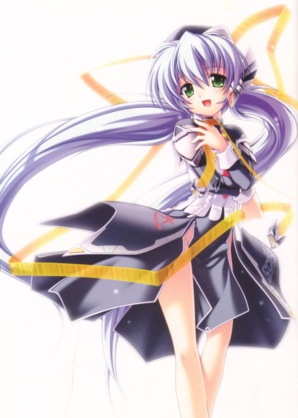 hoshino yumemi, planetarian, highres, 00s, 1girl, blue hair, female focus, green eyes, happy, hat, long hair, no panties, ribbon, smile, solo, twintails, very long hair
