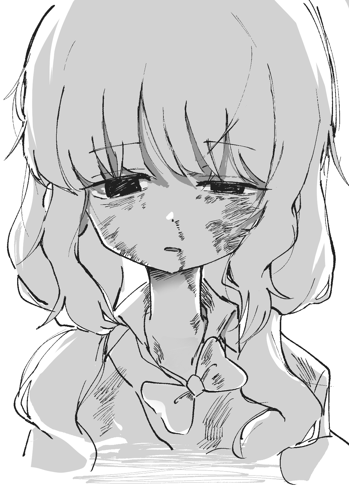 m2yu, aoba (blue archive), blue archive, highres, 1girl, black eyes, blonde hair, blush, bow, bowtie, bruise, bruise on chest, bruise on face, bruise on neck, bruised eye, collared shirt, empty eyes, greyscale, half-closed eye, injury, jacket, jacket partially removed, long hair, long sleeves, looking down, loose bowtie, low twintails, messy hair, monochrome, open clothes, open mouth, parted lips, red eyes, shirt, simple background, solo, twintails, white background, white shirt
