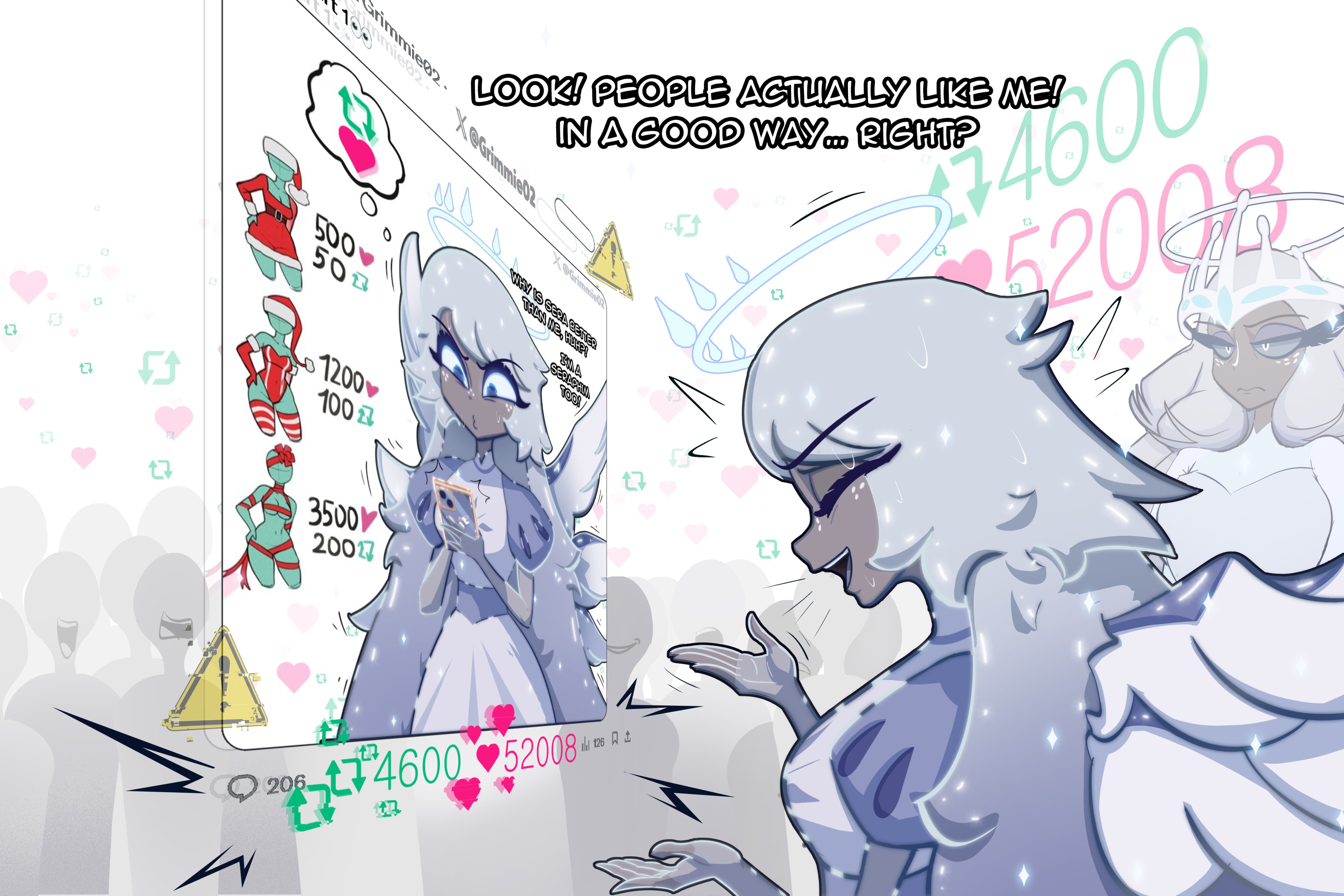 grimmie02, emily (hazbin hotel), sera (hazbin hotel), hazbin hotel, hellaverse, absurdres, commentary, highres, 2girls, :d, angel, angel wings, artist name, blue eyes, cellphone, dark-skinned female, dark skin, dress, english text, grey hair, halo, hands up, holding, holding phone, like and retweet, long hair, multiple girls, open mouth, phone, profile, puffy short sleeves, puffy sleeves, short sleeves, simple background, smartphone, smile, sweat, twitter strip game, white dress, white hair, wings