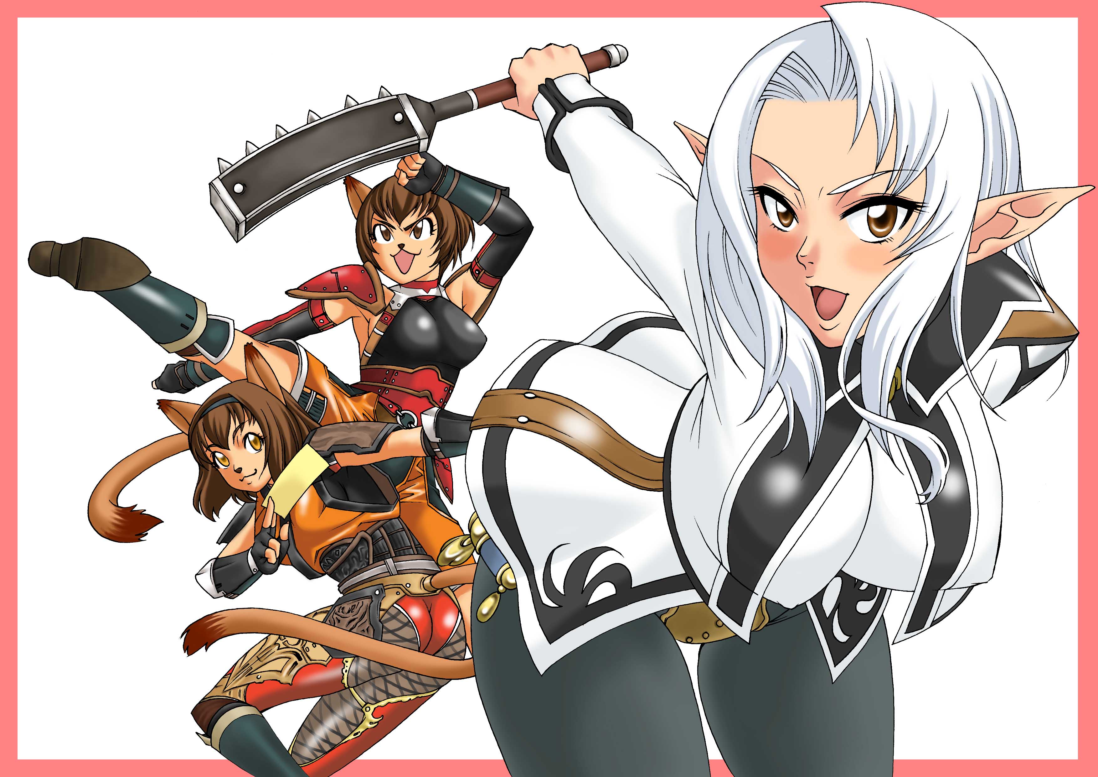 shiri hime, shirihime, elvaan, mithra (ff11), monk (final fantasy), ninja (final fantasy), final fantasy, final fantasy xi, absurdres, highres, 00s, 3girls, animal ears, border, breasts, brown eyes, brown hair, cat ears, cat tail, clothing cutout, covered erect nipples, elf, large breasts, long hair, monk, multiple girls, ninja, pointy ears, red border, tail, tail through clothes, white hair