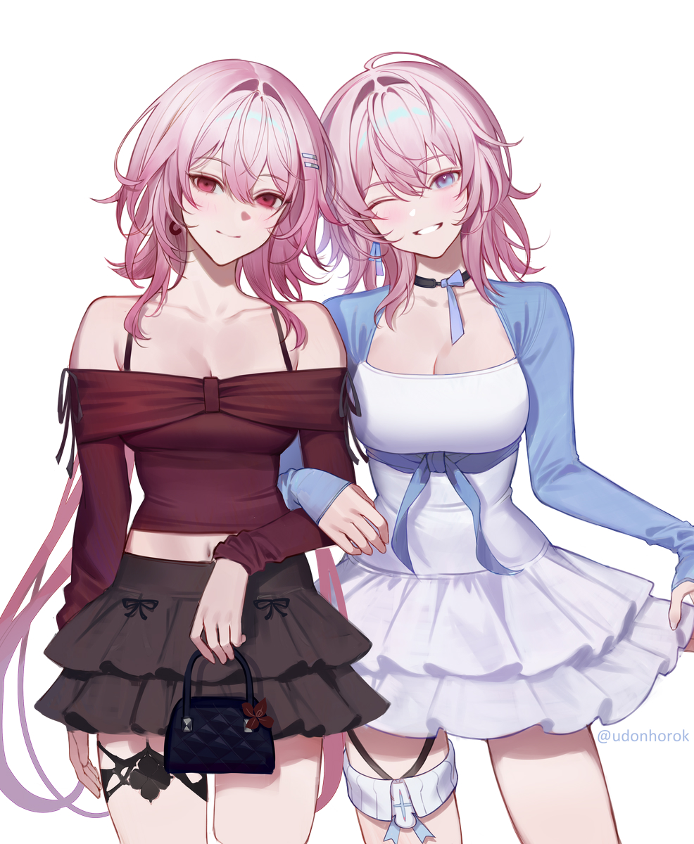 udonhorok, evernight (honkai: star rail), march 7th (honkai: star rail), march 7th (preservation) (honkai: star rail), honkai: star rail, honkai (series), highres, 2girls, ;d, alternate costume, bag, bare shoulders, breasts, choker, cleavage, cowboy shot, dress, dual persona, earrings, frilled skirt, frills, hair ornament, hairclip, handbag, jewelry, light smile, long hair, long sleeves, looking at viewer, medium hair, multicolored eyes, multiple girls, navel, one eye closed, open mouth, parallel hairclips, pink hair, red eyes, ribbon, single earring, skirt, smile, thigh strap, two-tone eyes, white background, white dress