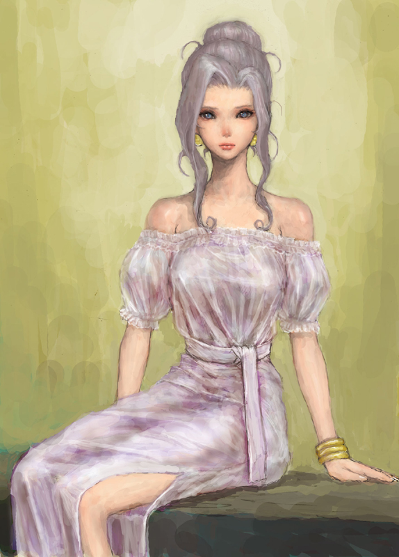 ponsuke (pon00000), katrina (romancing saga), romancing saga 3, saga, bad id, bad pixiv id, 1girl, bare shoulders, cowboy shot, dress, female focus, grey hair, long hair, pinup (style), sad, sitting, solo