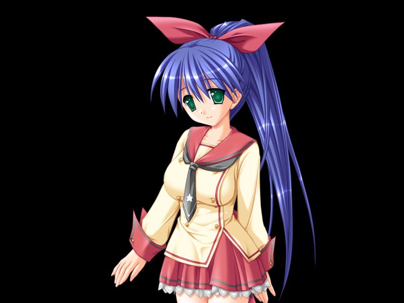 miyasu risa, misaki wakana, honoo no haramase tenkousei, variant set, 1girl, 2000s (style), black background, blue hair, bow, breasts, closed mouth, collarbone, cowboy shot, frilled skirt, frills, green eyes, grey neckerchief, hair between eyes, hair bow, huge breasts, long hair, long sleeves, looking at viewer, neckerchief, open hands, pink bow, pink sailor collar, pink skirt, pleated skirt, ponytail, sailor collar, school uniform, serafuku, shirt, simple background, skirt, smile, solo, standing, tachi-e, very long hair, yellow serafuku
