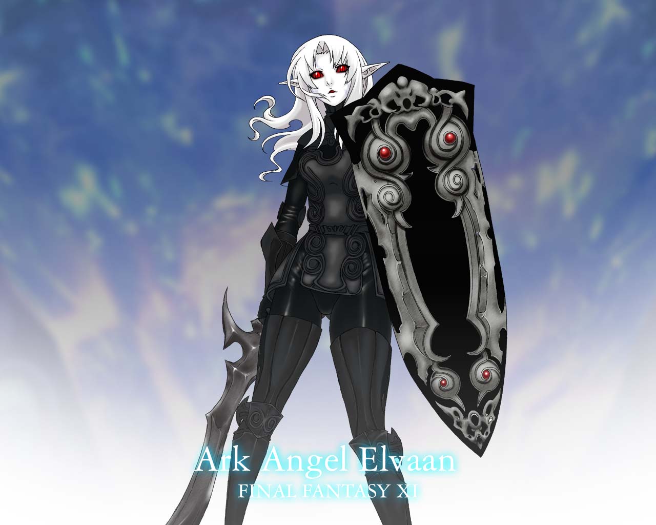 shiri hime, shirihime, elvaan, final fantasy, final fantasy xi, 00s, 1girl, ark angel, armor, colored skin, dark knight, elf, female focus, long hair, pale skin, pointy ears, red eyes, shield, solo, sword, weapon, white hair, white skin