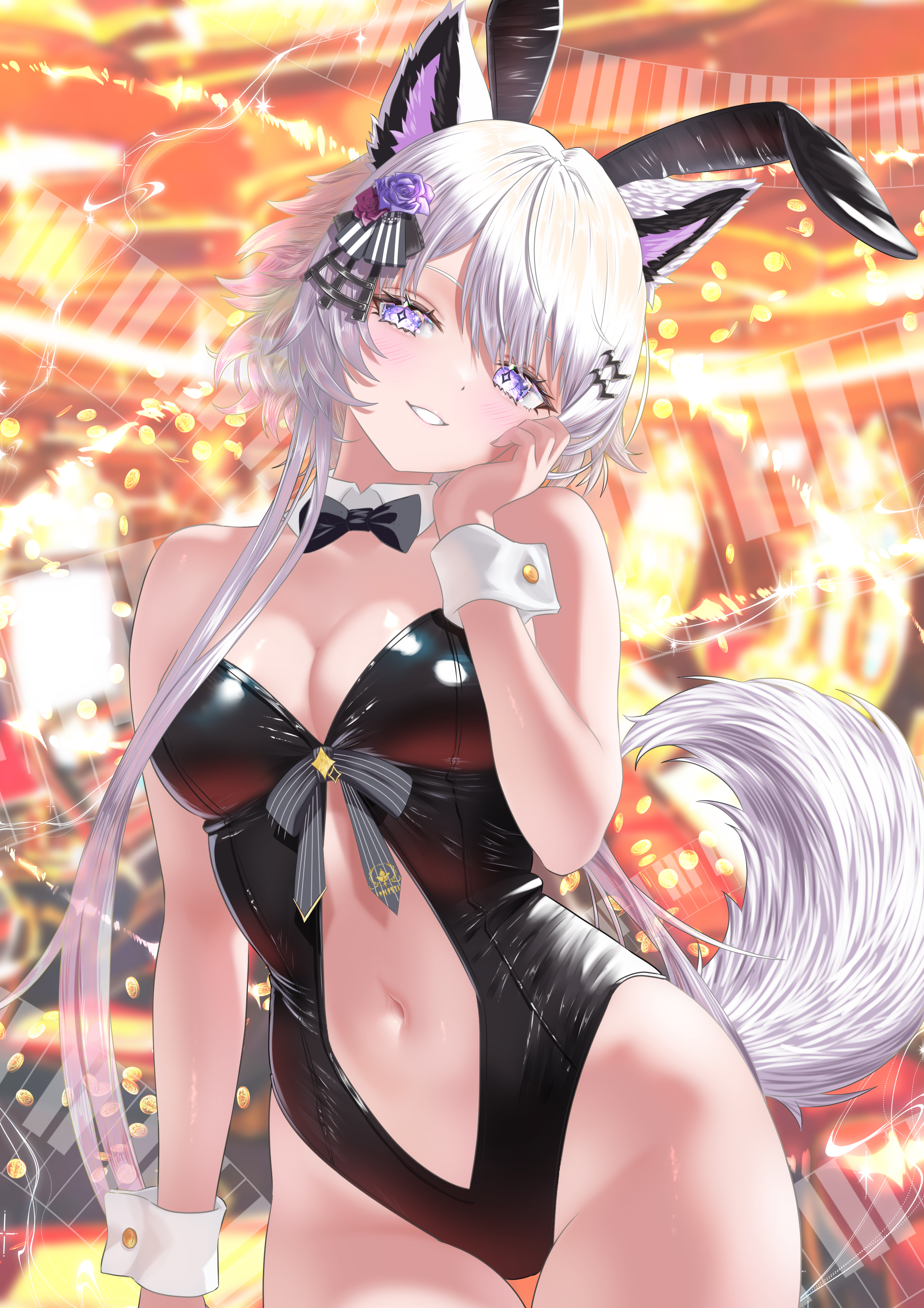 nanaki24, original, absurdres, commission, highres, skeb commission, 1girl, animal ears, bare shoulders, black leotard, blush, bow, bowtie, breasts, detached collar, dog ears, dog tail, hair ornament, hairclip, large breasts, leotard, long hair, looking at viewer, navel, playboy bunny, purple eyes, rabbit ears, smile, solo, stomach, tail, traditional bowtie, white hair