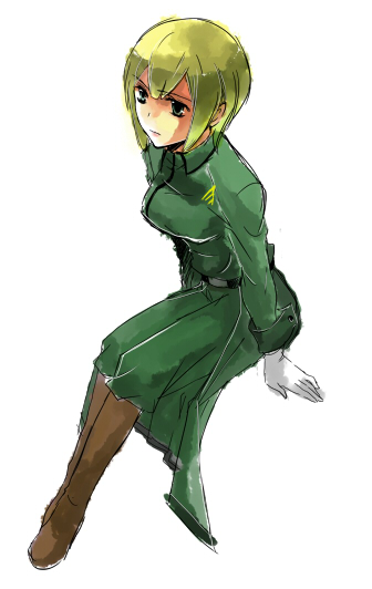 louise halevy, gundam, gundam 00, 00s, 1girl, blonde hair, blush, boots, dress, female focus, full body, gloves, green dress, hair between eyes, knee boots, long sleeves, short hair, simple background, sitting, solo, white background, white gloves