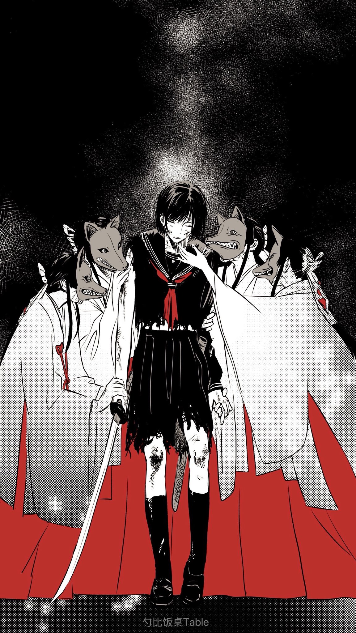 table (zhuo0715), shimizu hinako, silent hill (series), silent hill f, highres, black hair, black sailor collar, black serafuku, black shoes, black skirt, blood, blood on arm, closed eyes, dirty, dirty face, fox mask, full body, hand on another's chin, holding another's arm, holding another's wrist, holding hands, japanese clothes, long hair, mask, midriff peek, miko, monochrome, multiple girls, necktie, parted lips, red necktie, red skirt, sailor collar, school uniform, serafuku, shirt, shoes, short hair, skirt, standing, torn clothes, torn shirt, torn skirt, torn sleeve, updo, white shirt