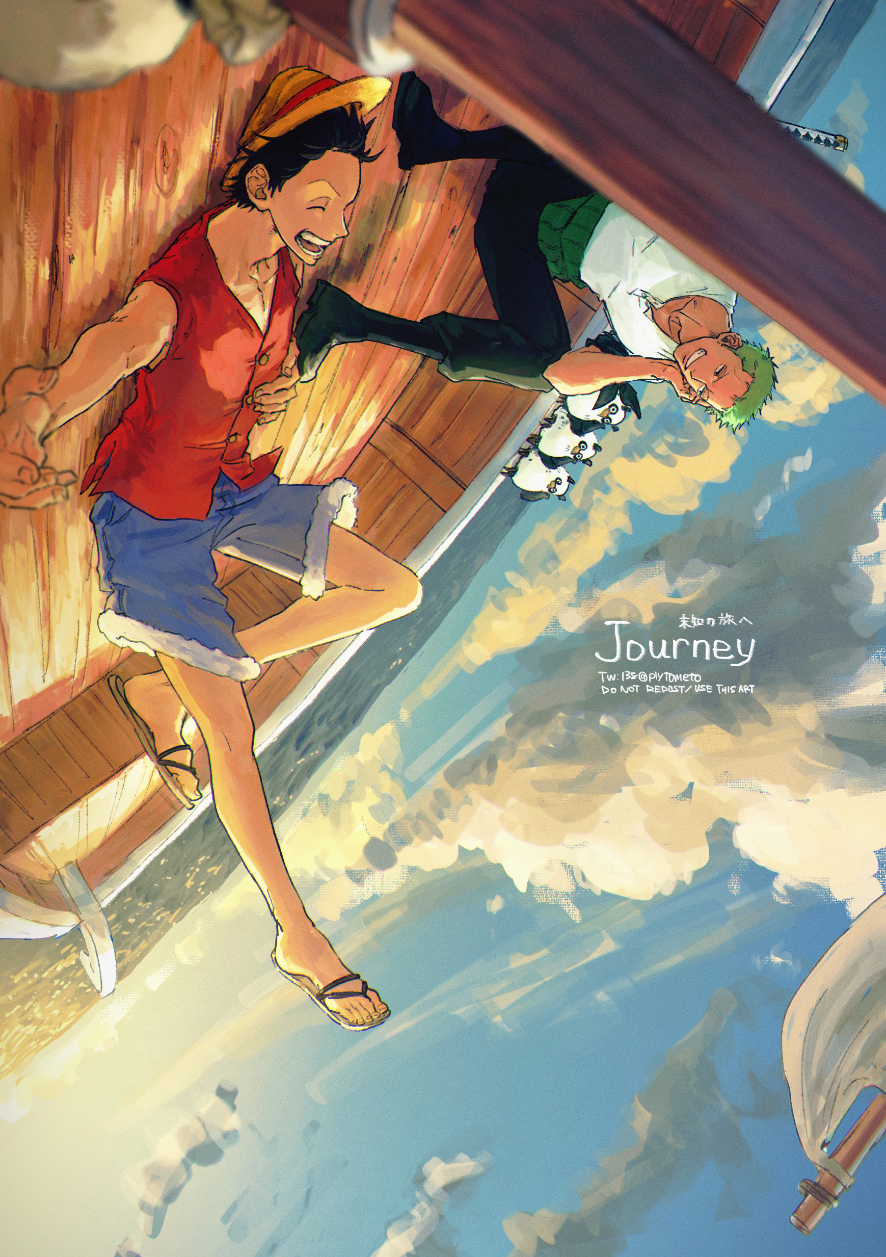 plytometo, monkey d. luffy, roronoa zoro, one piece, absurdres, commentary request, highres, 2boys, bandana, bandana around arm, bird, black bandana, black boots, black eyes, black hair, black pants, blue shorts, blue sky, boat, boots, closed eyes, english text, facial scar, flip-flops, full body, green hair, happy, haramaki, hat, lying, male focus, multiple boys, on back, outdoors, pants, sailing, sandals, scar, scar on cheek, scar on face, shirt, short hair, shorts, sideburns, sitting, sky, straw hat, tight clothes, tight shirt, upside-down, watercraft, white shirt