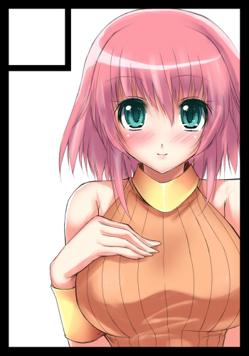 noto kurumi, lenna charlotte tycoon, final fantasy, final fantasy v, lowres, 1990s (style), 1girl, black border, blush, border, circle cut, female focus, green eyes, orange shirt, pink hair, retro artstyle, shirt, short hair, solo