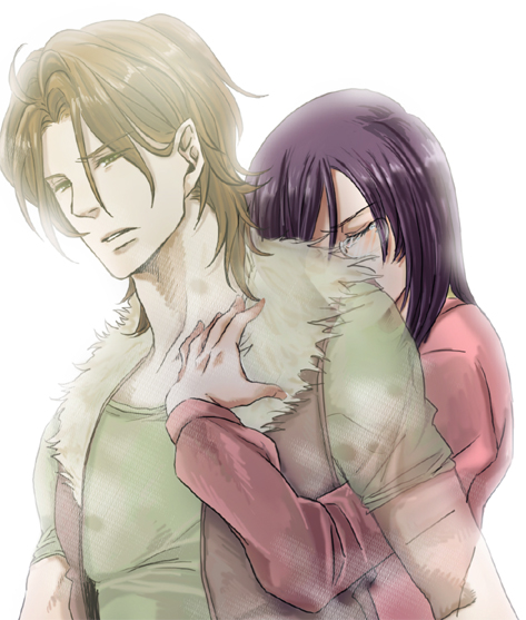 kiyo, kyouko (pixiv), kyouko (roughplus), lockon stratos, tieria erde, gundam, gundam 00, bad id, bad pixiv id, 00s, 2boys, brown hair, glasses, hug, hug from behind, male focus, multiple boys, purple hair