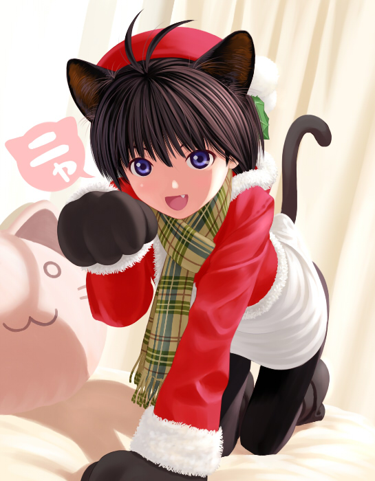 nekopuchi, kikuchi makoto, idolmaster, idolmaster (classic), 00s, 1girl, all fours, animal ears, antenna hair, black hair, blue eyes, cat ears, cat tail, fang, female focus, mittens, pantyhose, paw pose, plaid clothes, plaid scarf, santa costume, scarf, short hair, solo, tail