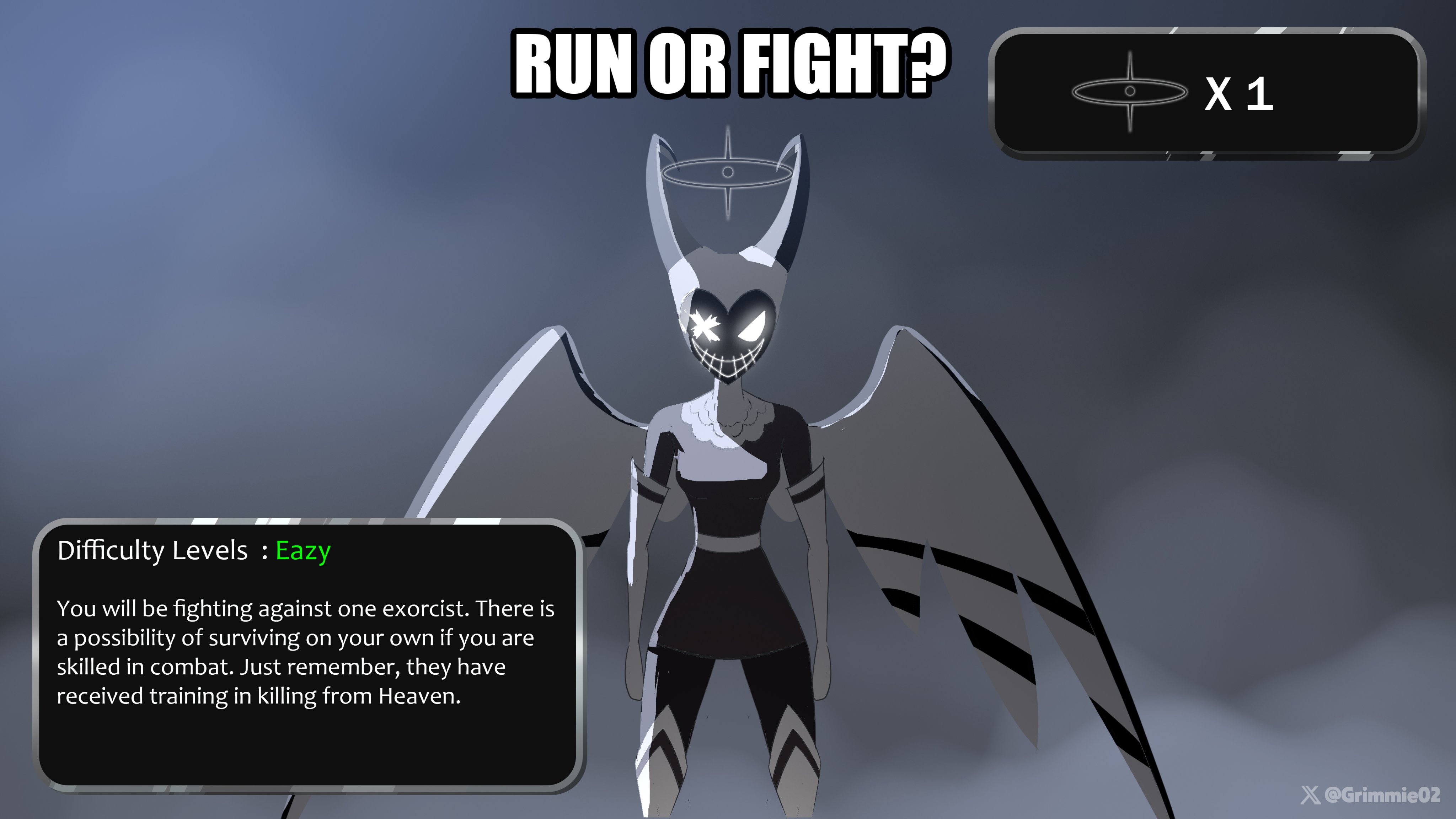 grimmie02, hazbin hotel, hellaverse, absurdres, commentary, english commentary, highres, 1girl, angel, artist name, black dress, black pantyhose, boots, breasts, dress, english text, exorcist (hazbin hotel), fake horns, glowing, glowing eyes, halo, helmet, horned helmet, horns, medium breasts, pantyhose, short dress, thigh boots, white boots, wings