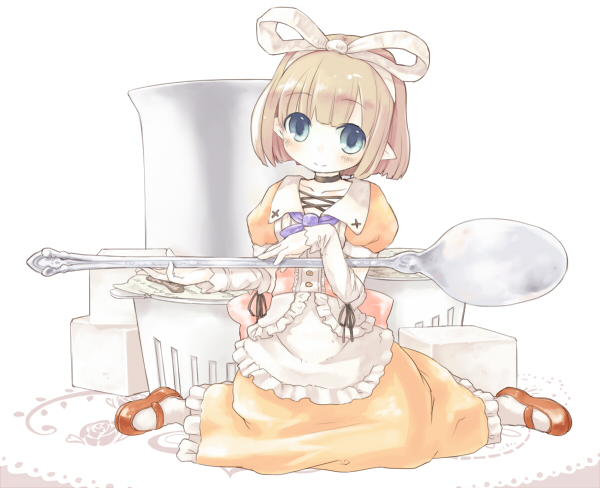 7010, original, 1girl, blue eyes, brown hair, cup, dress, female focus, hair ribbon, kneeling, mini person, minigirl, oversized object, pointy ears, ribbon, short hair, sitting, smile, solo, spoon, sugar cube, wariza