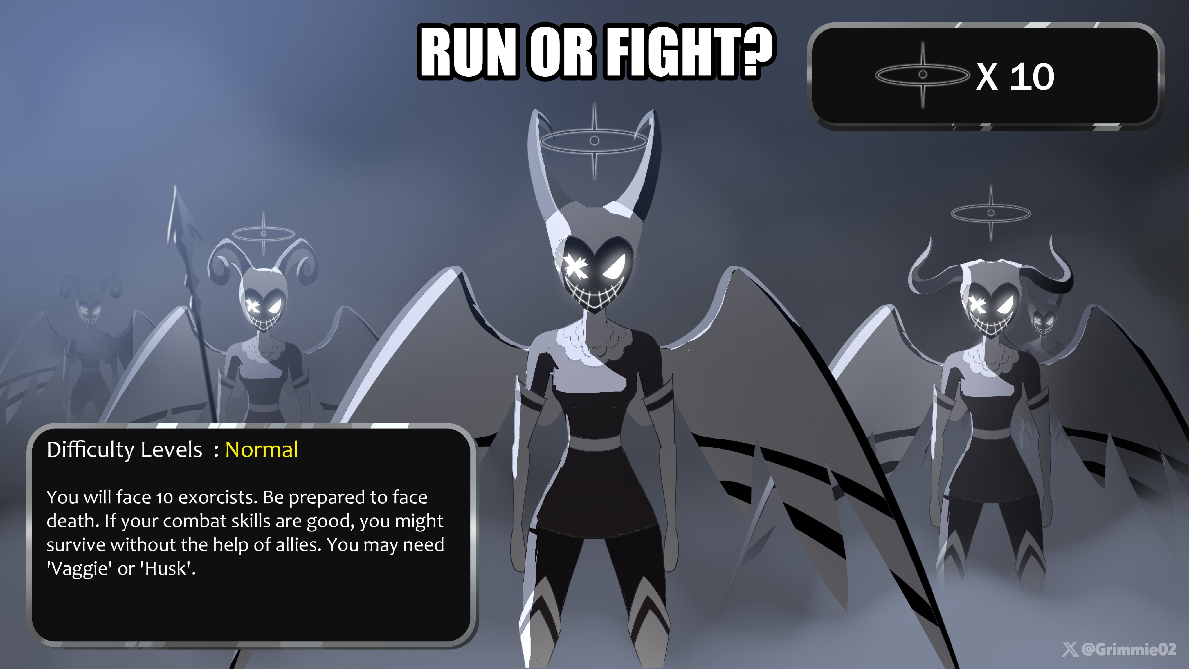grimmie02, hazbin hotel, hellaverse, absurdres, commentary, english commentary, highres, 5girls, angel, artist name, black dress, black pantyhose, boots, breasts, dress, english text, exorcist (hazbin hotel), fake horns, glowing, glowing eyes, halo, helmet, horned helmet, horns, medium breasts, multiple girls, pantyhose, short dress, thigh boots, white boots, wings