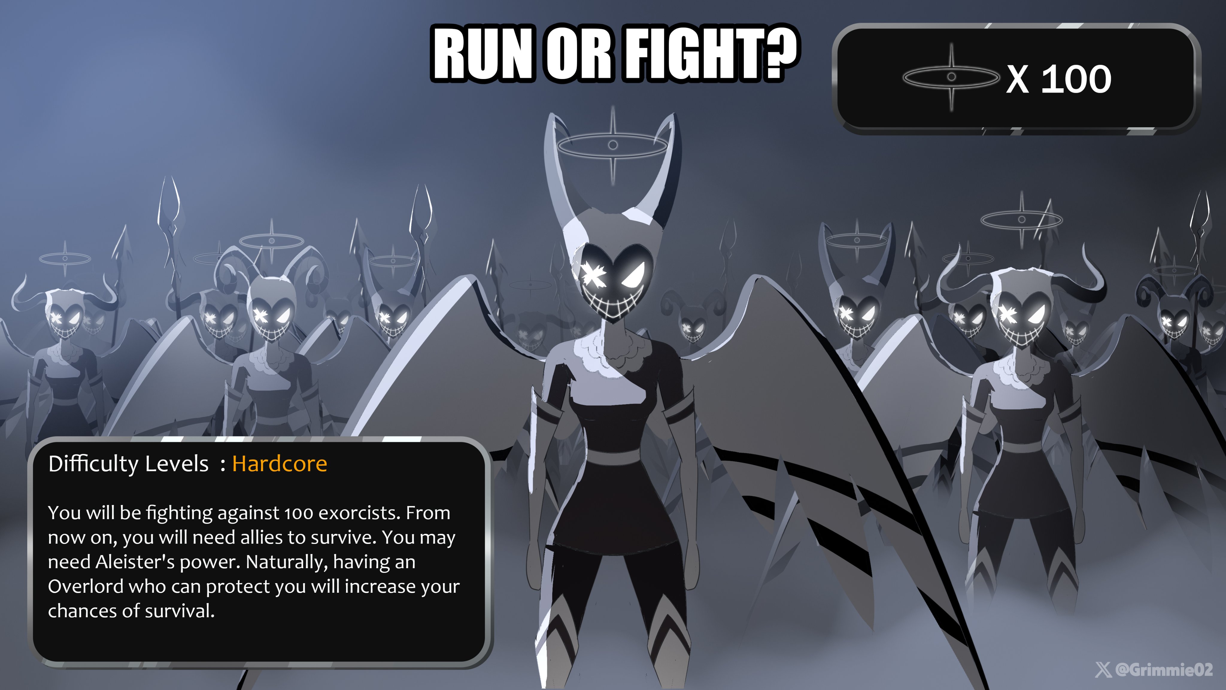 grimmie02, hazbin hotel, hellaverse, absurdres, commentary, english commentary, highres, 6+girls, angel, artist name, black dress, black pantyhose, boots, breasts, dress, english text, exorcist (hazbin hotel), fake horns, glowing, glowing eyes, halo, helmet, horned helmet, horns, medium breasts, multiple girls, pantyhose, short dress, thigh boots, white boots, wings