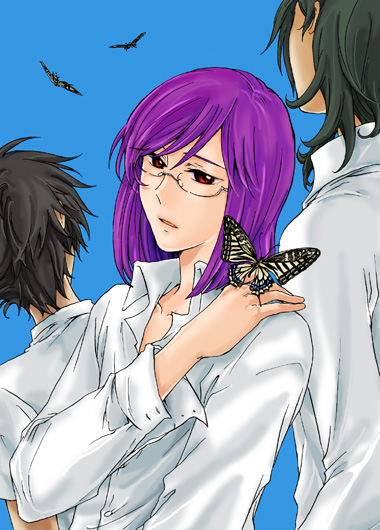 asutoro, allelujah haptism, setsuna f. seiei, tieria erde, gundam, gundam 00, bad id, bad pixiv id, 00s, 3boys, bug, butterfly, glasses, male focus, multiple boys, purple hair, red eyes