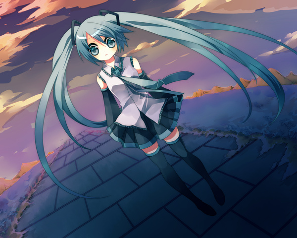 yamiya (8 18dlq), hatsune miku, vocaloid, aqua eyes, aqua hair, cloud, detached sleeves, long hair, necktie, skirt, sky, solo, thighhighs, twintails, very long hair, zettai ryouiki