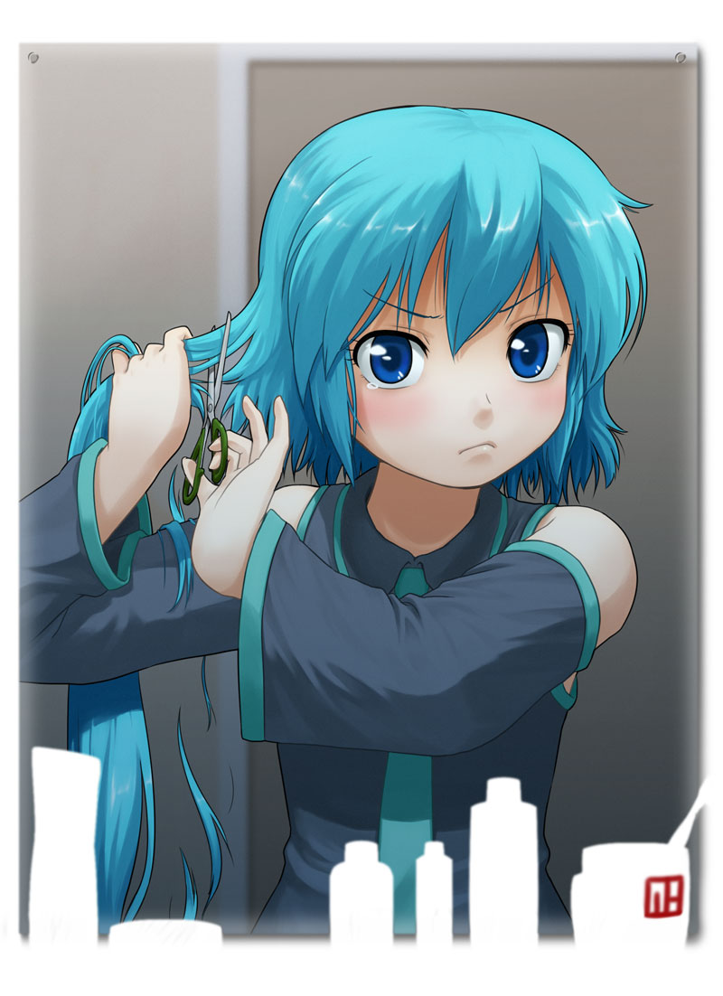 nagian, hatsune miku, vocaloid, 1girl, :<, alternate hair length, alternate hairstyle, angry, artistic error, blue eyes, blue hair, blush, cutting hair, cutting own hair, detached sleeves, female focus, heartbreak haircut, matching hair/eyes, mirror, necktie, pout, sad, scissors, short hair, solo, tears