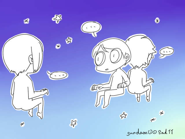 7 (kigou), kudonaoto, louise halevy, saji crossroad, setsuna f. seiei, gundam, gundam 00, …, 00s, 1girl, 2boys, anti-gravity, eye contact, looking at another, multiple boys, nude, sitting, star (symbol), surprised