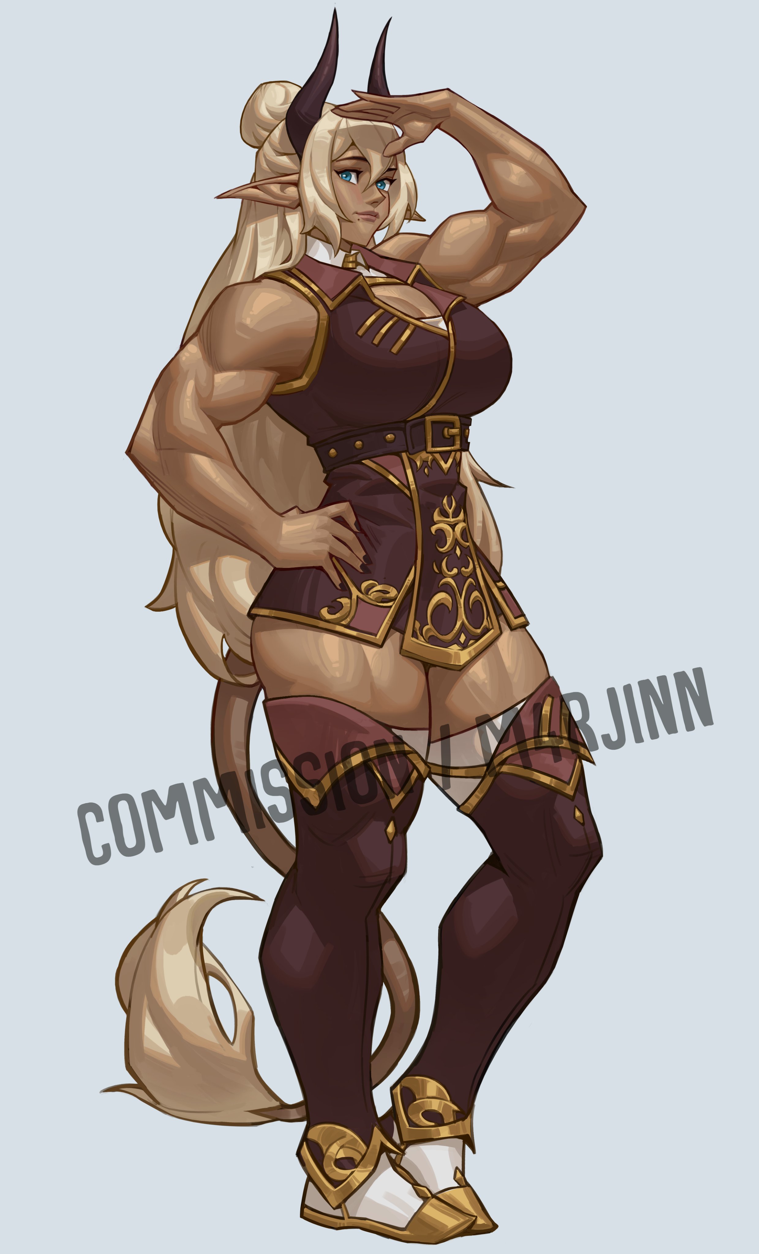 m4rjinn, original, absurdres, commentary, commission, english commentary, highres, 1girl, artist name, black boots, black horns, black nails, black vest, blonde hair, blue eyes, boots, breasts, cleavage, closed mouth, collar, dark-skinned female, dark skin, detached collar, full body, grey background, hair between eyes, hair bun, hand on own hip, hand up, horns, large breasts, lips, long hair, looking to the side, mole, mole under mouth, muscular, muscular female, nose, pointy ears, sidelocks, simple background, solo, standing, tail, thick thighs, thigh boots, thighs, very long hair, vest, white collar