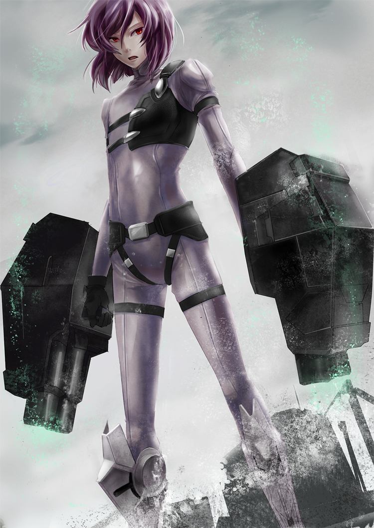 nori (pixiv), norio (mirimiri), gundam virtue, tieria erde, virtue, ghost in the shell, gundam, gundam 00, bad id, bad pixiv id, 1boy, androgynous, dual wielding, gun, holding, male focus, parody, purple hair, red eyes, solo, trap, weapon