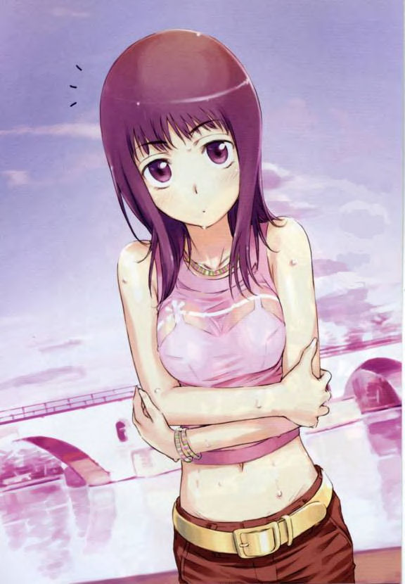 haimura kiyotaka, itsuwa, toaru majutsu no index, toaru majutsu no index: old testament, 00s, 1girl, belt, bra, crossed arms, female focus, lingerie, midriff, navel, purple eyes, see-through clothes, solo, underwear, wet, wet clothes