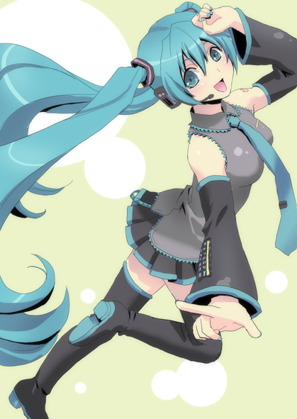 izumi rion, hatsune miku, vocaloid, 1girl, aqua eyes, aqua hair, black thighhighs, blush, detached sleeves, female focus, headset, long hair, necktie, open mouth, skirt, solo, thighhighs, twintails, very long hair