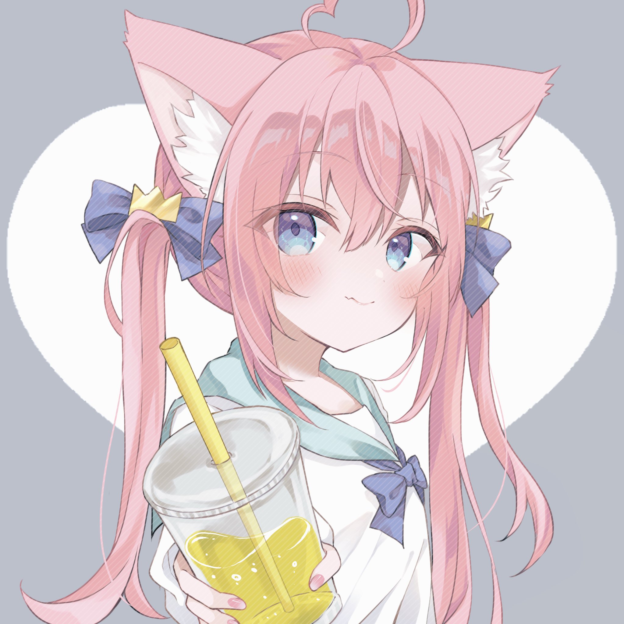 nanakusa miya, original, highres, 1girl, ahoge, animal ear fluff, animal ears, blue eyes, bow, cat ears, cat girl, closed mouth, cup, disposable cup, holding, holding cup, long hair, pink hair, solo, twintails