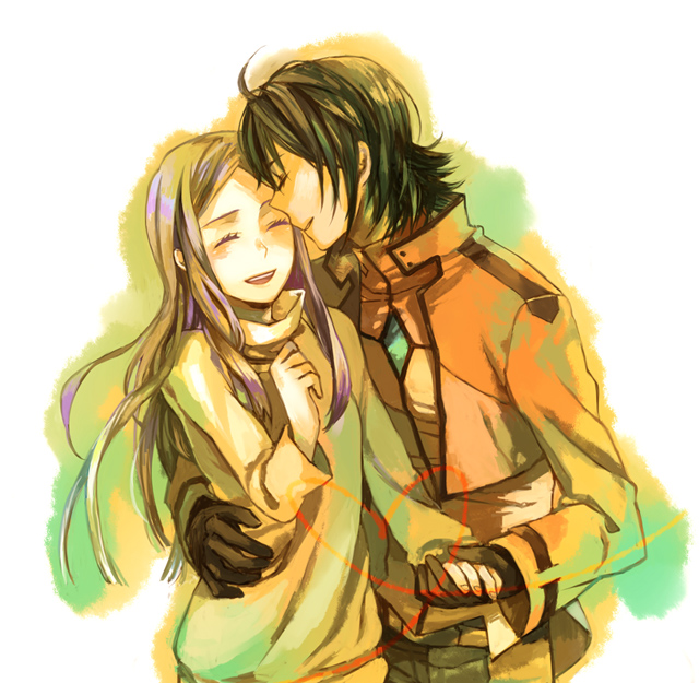 shinono, allelujah haptism, soma peries, gundam, gundam 00, 00s, 1boy, 1girl, closed eyes, heart, hetero, holding hands, hug, long hair, open mouth, shino no, short hair, smile