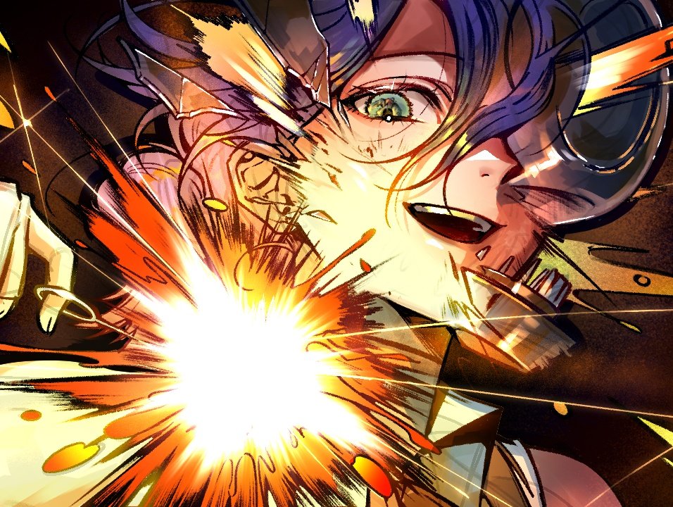 lihae, bomb devil (chainsaw man), reze (chainsaw man), chainsaw man, 1girl, black choker, black ribbon, choker, explosion, explosion background, explosive, green eyes, hair between eyes, hair bun, imminent explosion, neck ribbon, pull cord, ribbon, shirt, shirt tucked in, single hair bun, sleeveless, sleeveless shirt, solo, transformation