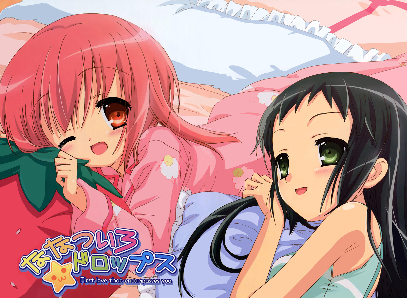 ibe yukiko, akihime sumomo, yaeno nadeshiko, nanatsuiro drops, highres, official art, 00s, 2girls, blush, green eyes, green hair, happy, long hair, lying, multiple girls, one eye closed, pajamas, pillow, pink hair, red eyes, short hair, smile, wink