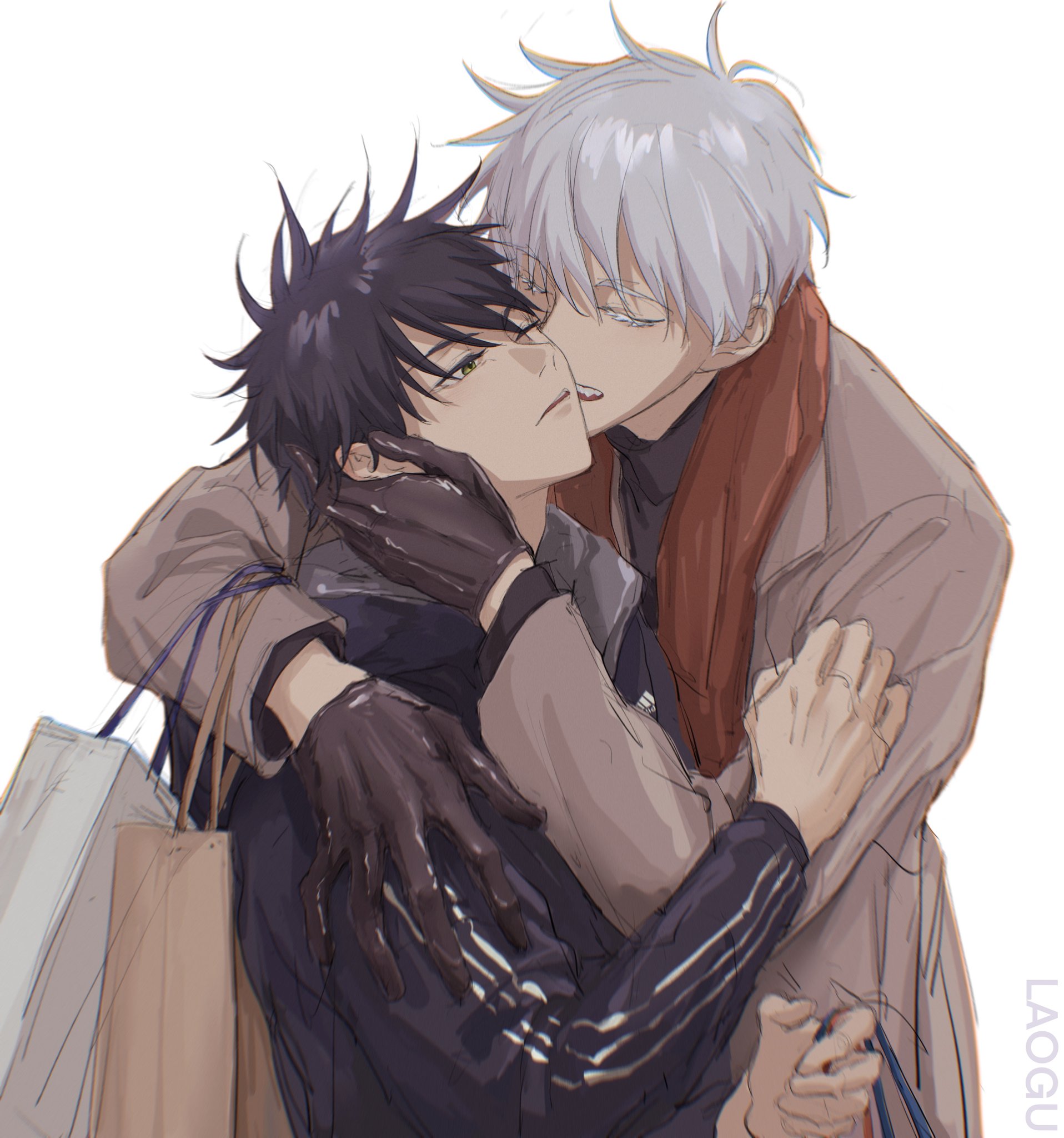 gugulayle, fushiguro megumi, gojou satoru, jujutsu kaisen, highres, 2boys, arm around shoulder, bag, black gloves, black hair, black jacket, black shirt, brown coat, closed eyes, coat, gloves, hair between eyes, hand in another's hair, jacket, kiss, kissing cheek, male focus, multiple boys, one eye closed, parted lips, red scarf, scarf, shirt, shopping bag, short hair, spiked hair, track jacket, upper body, white background, white hair, yaoi
