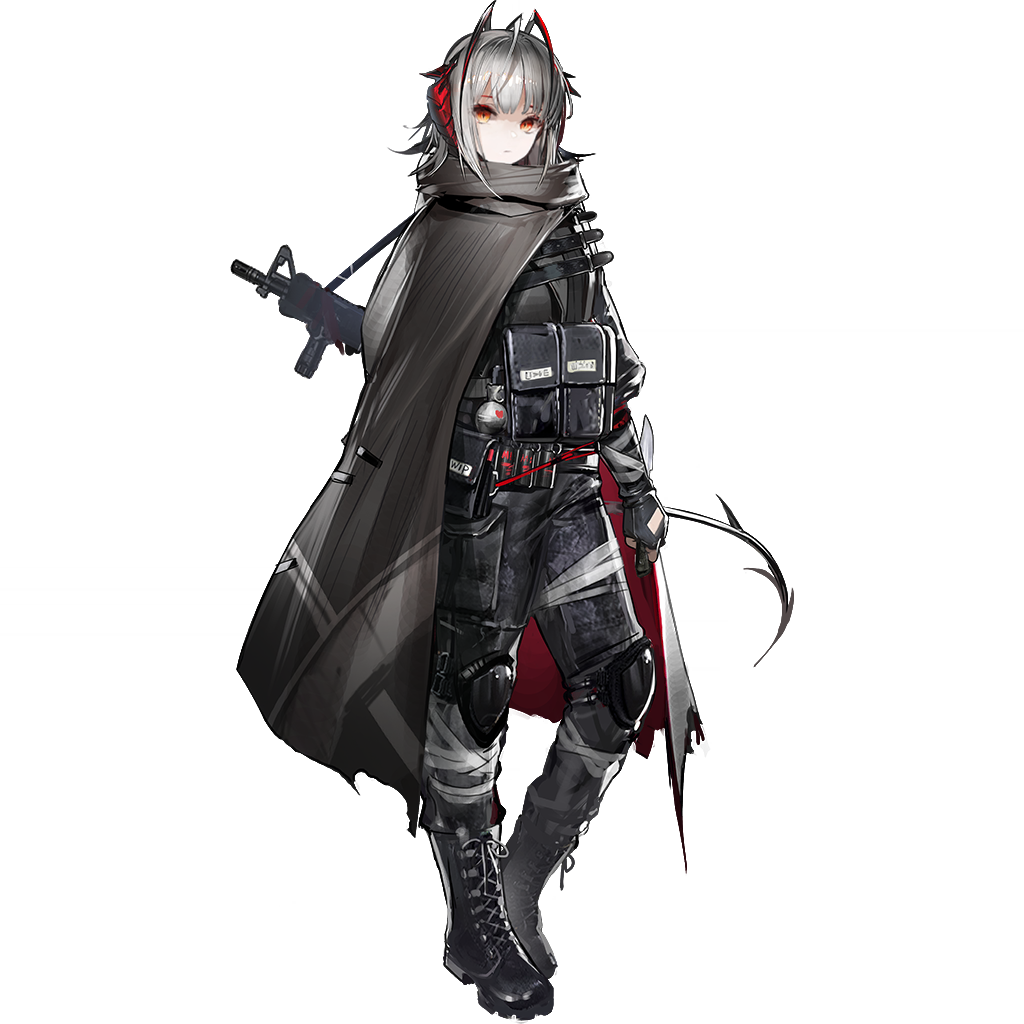 liduke, w (arknights), w (mercenary) (arknights), arknights, official art, third-party source, 1girl, ammunition pouch, antenna hair, assault rifle, belt pouch, black boots, black pants, boots, brown cloak, chest rig, cloak, closed mouth, demon horns, demon tail, fingerless gloves, full body, gloves, gradient eyes, grey hair, gun, horns, knee pads, lace-up boots, looking at viewer, m4 carbine, multicolored eyes, multicolored hair, official alternate costume, orange eyes, pants, pouch, red eyes, red hair, red horns, rifle, simple background, slit pupils, solo, standing, streaked hair, tachi-e, tail, transparent background, two-sided cloak, two-sided fabric, weapon